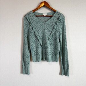 Sundance Emery Blue Pointelle Ruffle Feminine Cottagecore Cardigan Sweater XS